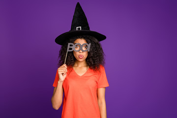 Photo of cute nice pretty wavy curly woman looking at you through eyeglasses of inscription boo...