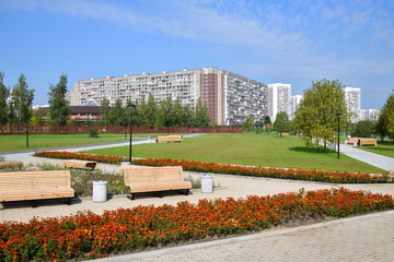 City landscape with a boulevard in Zelenograd in Moscow, Russia