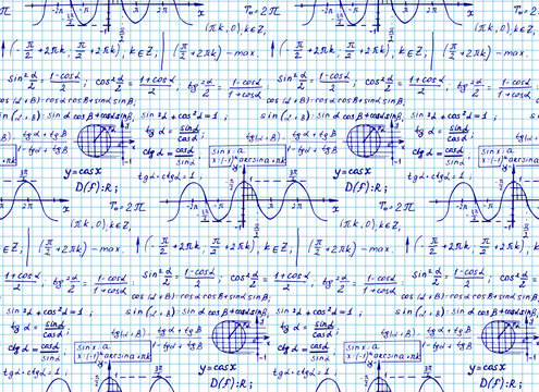 Writing ink in a notebook page. Vintage education background. Trigonometry law theory and mathematical formula equation on workbook page. Vector hand-drawn seamless pattern.