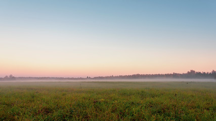 Rural landscape at dusk with fog