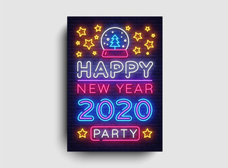 Happy New Year 2020 Party Neon Poster Vector. New year Party neon invitation, design template, modern trend design, Christmas celebretion, night bright advertising, light banner, light art. Vector