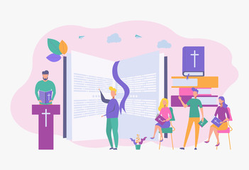 The shepherd reads the Holy Bible and preaches about the Word of God. Jesus Christ and the Bible, a holy scripture. People study the bible. Colorful vector illustration.