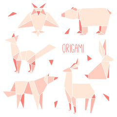 Origami icons set. Cute collection with 6 pink animals and bird