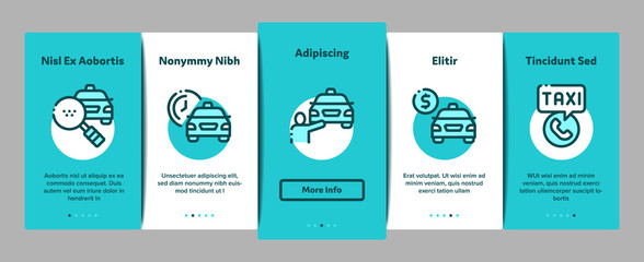 Naklejka premium Online Taxi Onboarding Mobile App Page Screen Vector Thin Line. Taxi Truck And Car, Mobile Application, Web Site And Human Silhouette Concept Linear Pictograms. Contour Illustrations