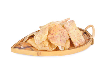 fried crispy taro chips in bamboo plate with white background