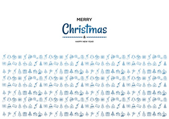 Merry Christmas and happy new year vector poster or greeting card design with hand drawn doodles elements.  Xmas banner with blue gradient.