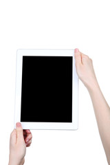 Tablet computer in female hands isolated on white background