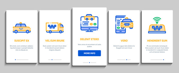 Online Taxi Onboarding Mobile App Page Screen Vector Thin Line. Taxi Truck And Car, Mobile Application, Web Site And Human Silhouette Concept Linear Pictograms. Contour Illustrations