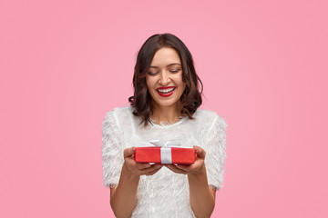 Happy female receiving gift