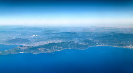 Panoramic view of the Amalfi Coast with the Sorrento Peninsula and Mt. Vesuvius
