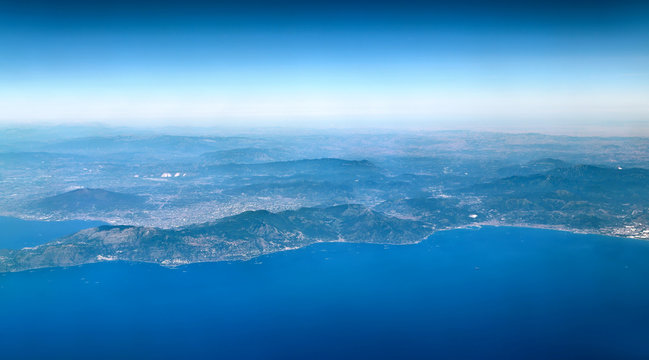 Panoramic view of the Amalfi Coast with the Sorrento Peninsula and Mt. Vesuvius