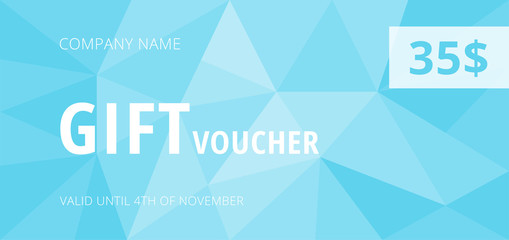 Gift voucher template with light blue polygonal background. Stylish coupon design for advertisement company. Vector illustration