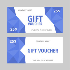 Set of gift vouchers template with blue polygonal elements. Multipurpose coupon with sample text. Vector illustration