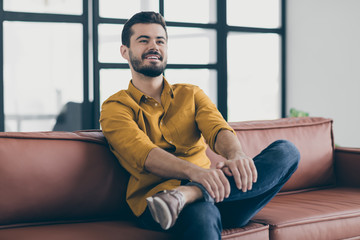 Photo of handsome guy in amazing working mood in love with his job listening boss startup...