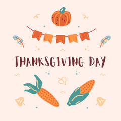 Thanksgiving day print. Hand drawn card. Vector illustration with pumpkin, corn, flags, leaves and feather. Design elements. Vector clipart.