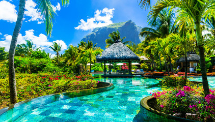 Tropical vacations - relaxing pool bar in luxury resort of  Mauritius island