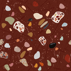 Abstract composition. Terrazzo flooring vector brown seamless pattern