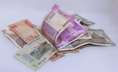 Close up of Indian 2000 rupee notes, Indian currency note Folded on white background with space for text