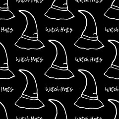 Seamless background. Witch Hats. Black and white ink drawing for Halloween. Vector illustration for web design or print.