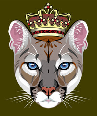 Vector portrait of Puma, wild cat with a golden crown on his head