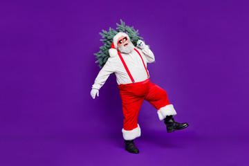 Let it snow. Full length photo of funny fat santa father holding x-mas tree on shoulder wanna make perfect eve wear sun specs costume isolated purple background