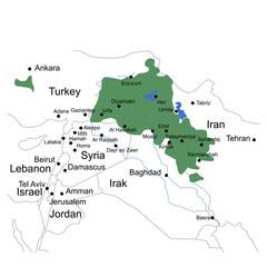 Location of Kurdistan on the map of the Middle East. Multi-layer map with borders and city names. Vector illustration.