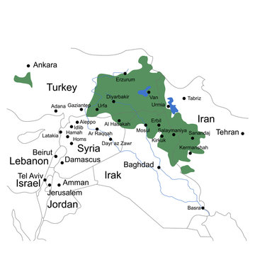 Location of Kurdistan on the map of the Middle East. Multi-layer map with borders and city names. Vector illustration.