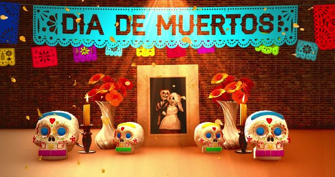 Day of the dead offering, Mexican ofrenda with a picture and lettering in Spanish