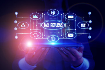Text sign showing Tax Returns. Business photo showcasing Tax payer financial information Tax...