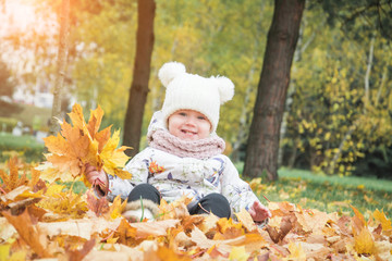 Funny Happy Baby Girl Child Outdoors In The Park In Autumn