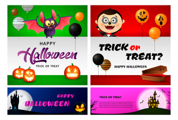 Trick or treat blue, red banner set with vampire, castle. Halloween, October, trick or treat. Lettering can be used for greeting cards, invitations, announcements