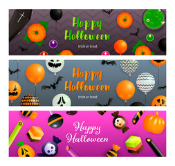 Happy Halloween grey, pink banner set with balloons, coffin. Halloween, October, trick or treat. Lettering can be used for greeting cards, invitations, announcements