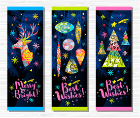 Happy New Year, Merry Christmas, Noel greeting quote sign lettering banner. Christmas tree branch colorful decoration snowflakes stars deer ornament pattern. Hand drawn vector illustration.