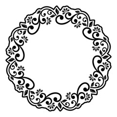 Oriental vector round black and white frame with arabesques and floral elements. Floral black border with vintage pattern. Greeting card with place for text