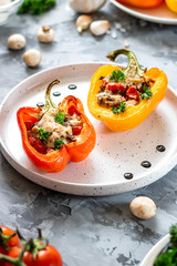 Baked pepper with chicken, mushrooms and tomatoes.