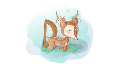 Cute Deer Alphabet watercolor painting.Creative simple wildlife animal hand drawn style.Graphic cartoon child wallpaper.Character kids love nature.Cheerful portrait lovely vector illustration EPS10