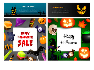 Trick or treat blue, green banner set with candies, poison. Halloween, October, trick or treat. Lettering can be used for greeting cards, invitations, announcements