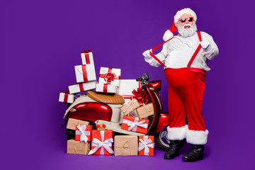 Full body photo of fat santa man with many giftboxes on bike advising low final sale prices...