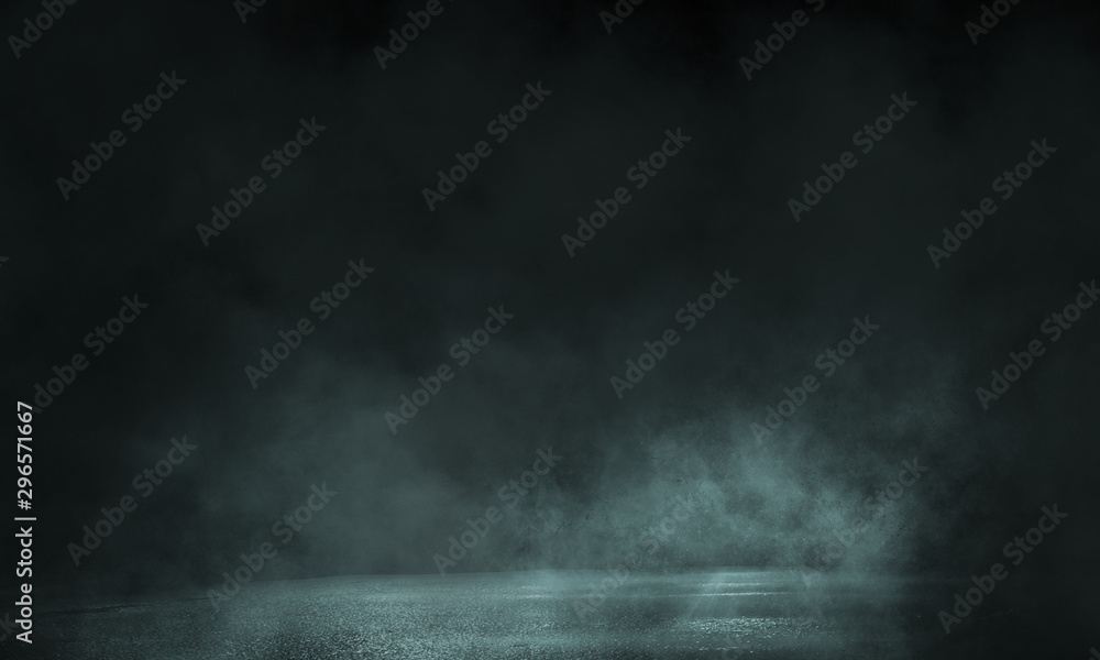 Wall mural background of an empty dark room. empty walls, light, smoke, glow, rays