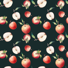 Watercolor apple seamless pattern. Hand drawn texture with whole and ripe apples with green leaves on dark background.