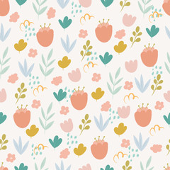 Seamless pattern with flowers in doodles style
