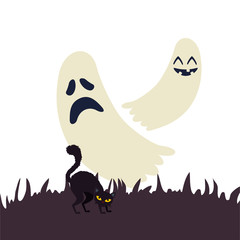 halloween ghosts with cat black vector illustration design