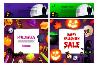 Trick or treat green, violet banner set with candies, cat. Halloween, October, trick or treat. Lettering can be used for greeting cards, invitations, announcements
