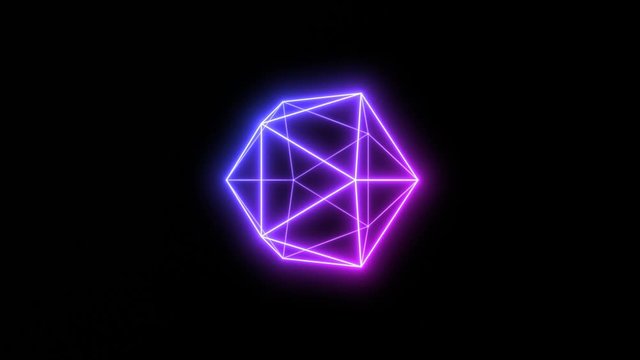 Set of Neon Light Icosahedron 3D Shape Animation Loops on Back Background. Includes 3 loop-ready full rotations on vertical, horizontal and combined triple-axis.