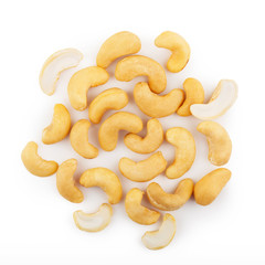 Heap of cashew nuts isolated on white background. Top 
