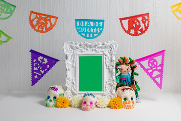 Day of the dead offering, Mexican ofrenda, sugar skulls, photo frame, green screen