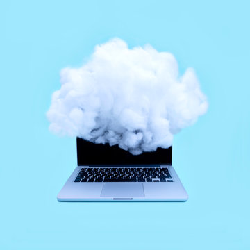 Laptop in the cloud. Cloud service, Wireless communication network, IoT Internet of Things and ICT Information Communication Technology concept. Minimal design.