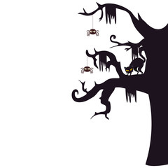 halloween haunted dry tree with spiders and cat black vector illustration design