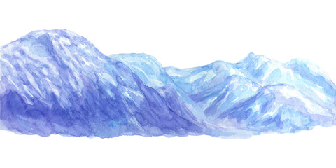 Mountain landscape panorama with winter snow blue shade on white background hand drawn watercolor painting