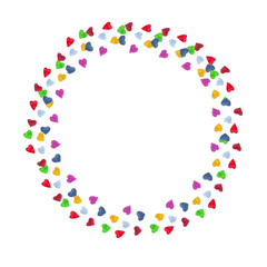 Valentines day wreath with hearts. Watercolor drawn. Circle frame.